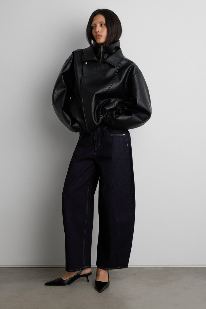 VEGAN LEATHER DOUBLE COLLAR BIKER JACKET in Black — alternate angle