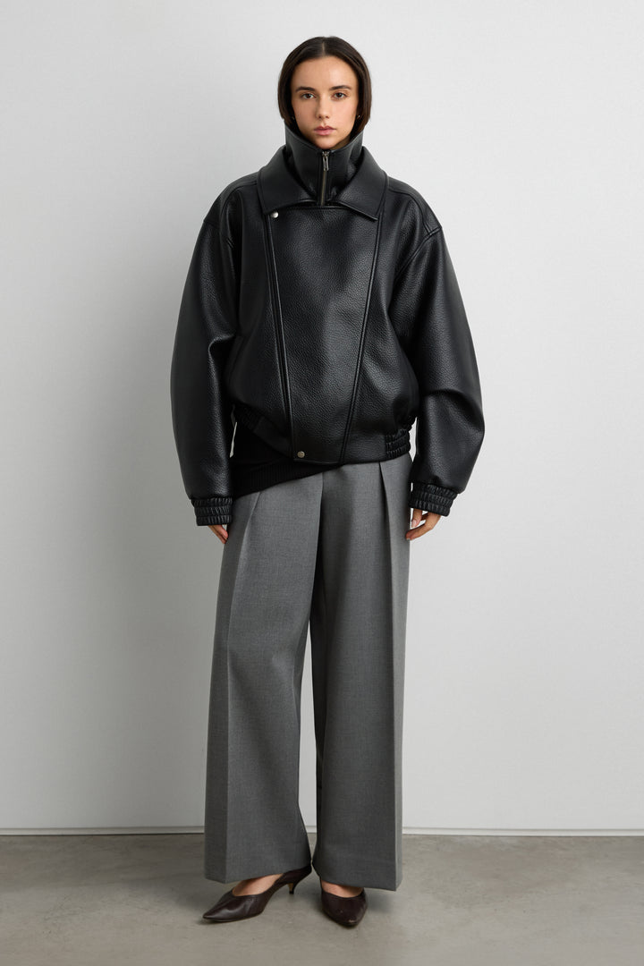 VEGAN LEATHER DOUBLE COLLAR BIKER JACKET in Black — alternate angle