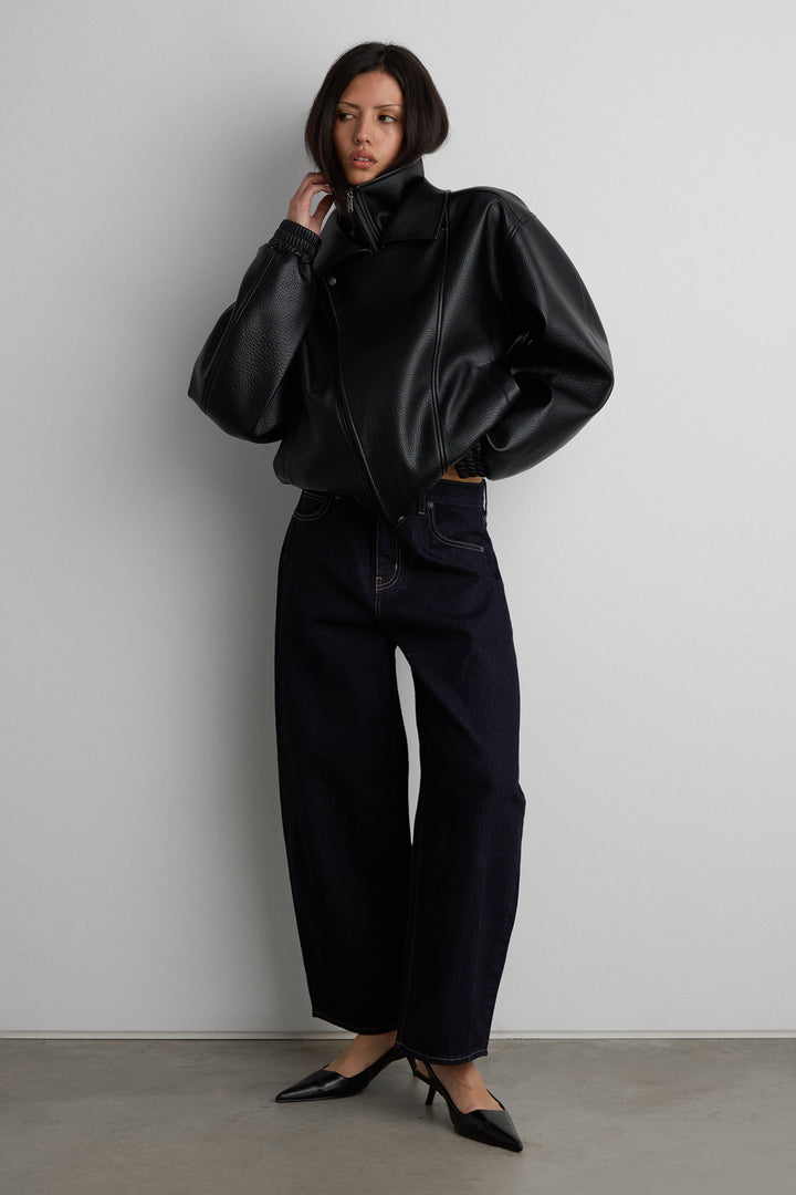 VEGAN LEATHER DOUBLE COLLAR BIKER JACKET in Black — alternate angle