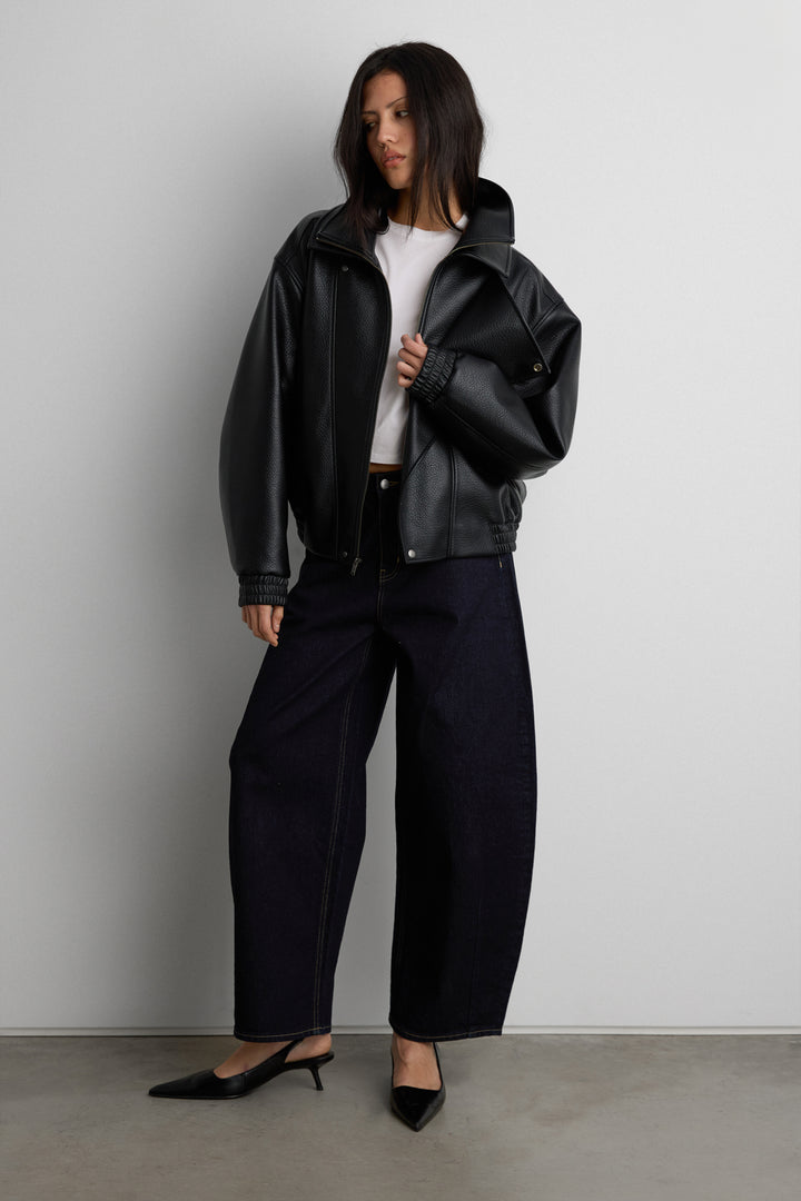 VEGAN LEATHER DOUBLE COLLAR BIKER JACKET in Black — alternate angle