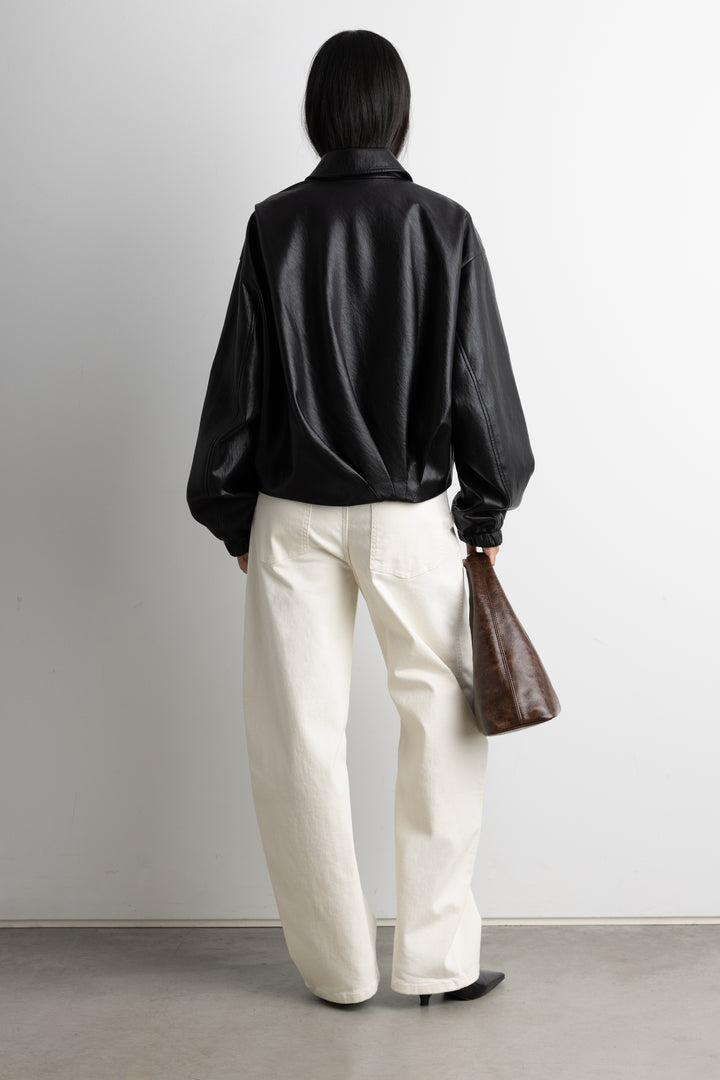 PUFFED VEGAN LEATHER BOMBER JACKET WITH PLEATS in Black — alternate angle