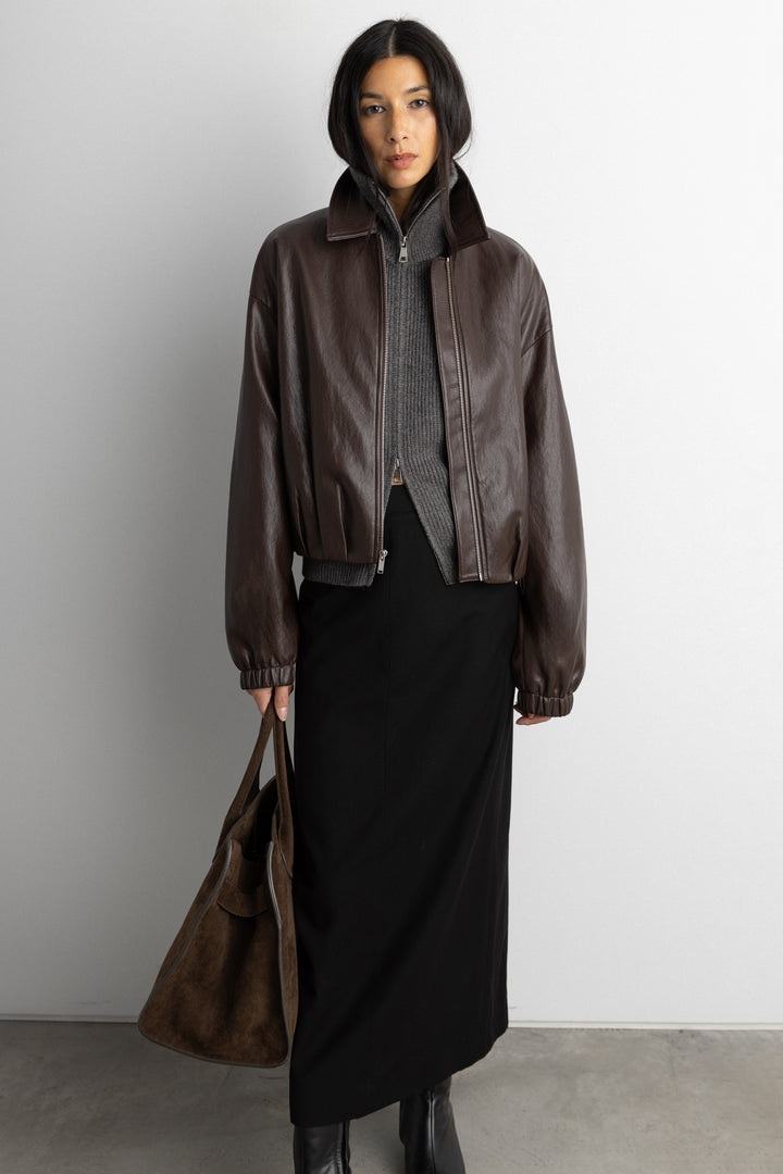 PUFFED VEGAN LEATHER BOMBER JACKET WITH PLEATS in Coffee Bean — alternate angle