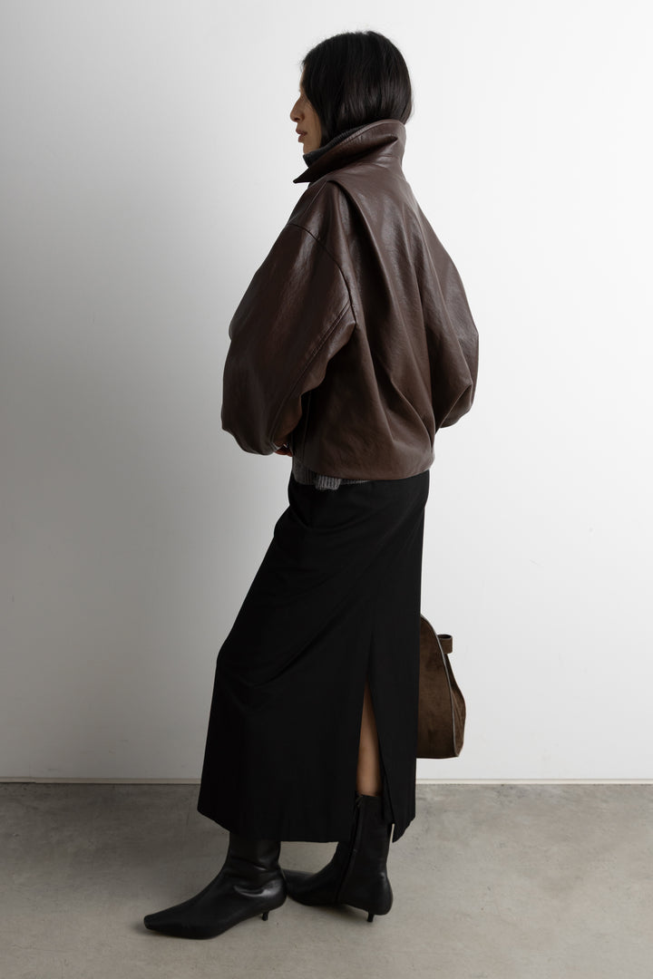 PUFFED VEGAN LEATHER BOMBER JACKET WITH PLEATS in Coffee Bean — alternate angle