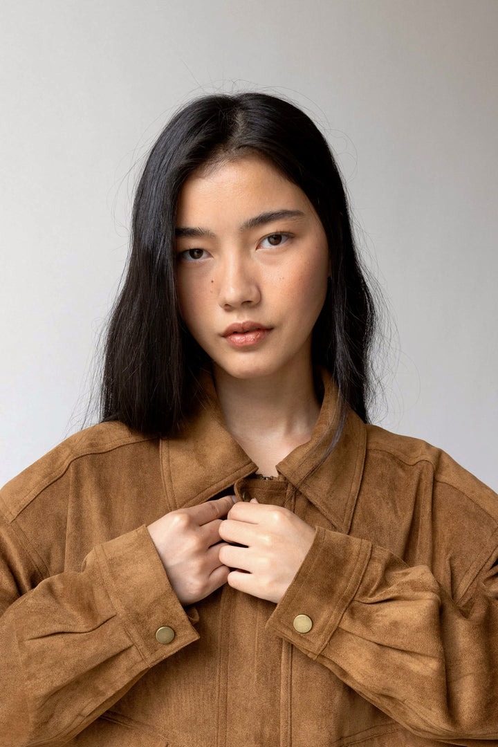 VEGAN SUEDE BOMBER JACKET in Camel — alternate angle