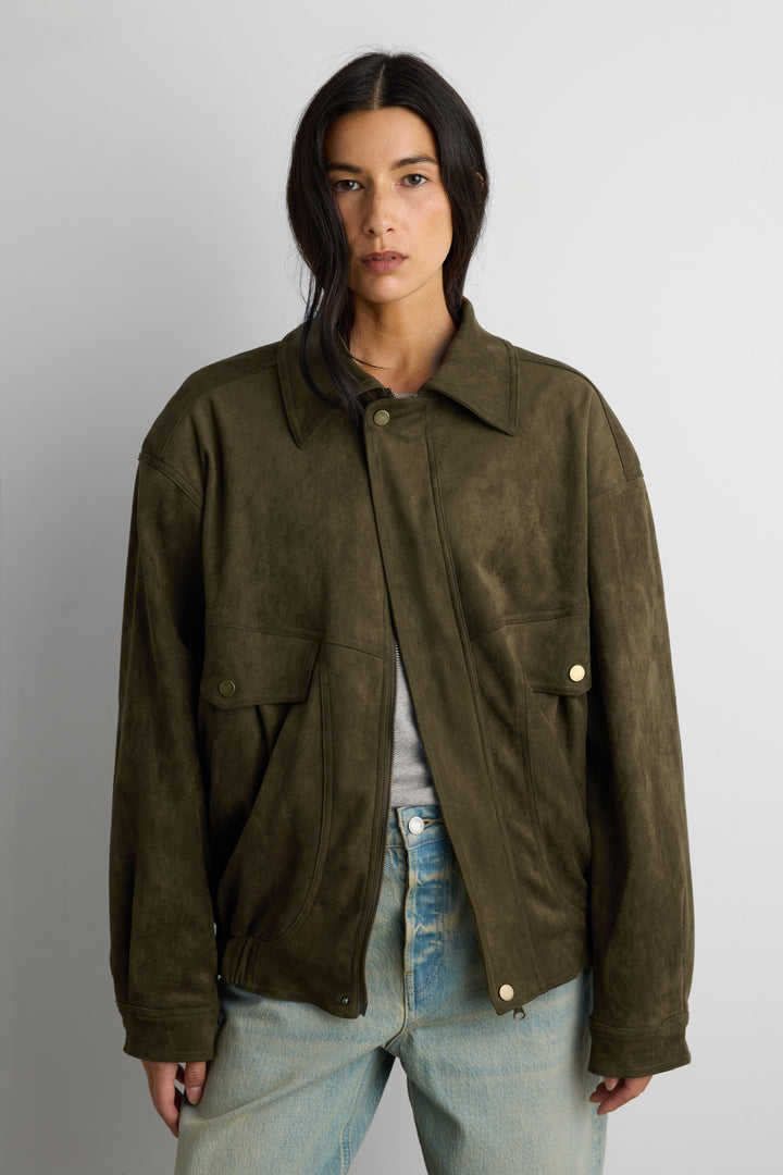 VEGAN SUEDE BOMBER JACKET in Dark Olive — alternate angle
