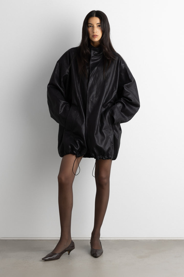 OVERSIZED FUNNEL NECK VEGAN LEATHER JACKET in Black — alternate angle
