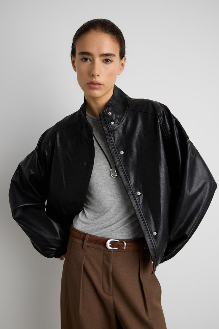VEGAN LEATHER FUNNEL NECK BOMBER JACKET in Black — alternate angle