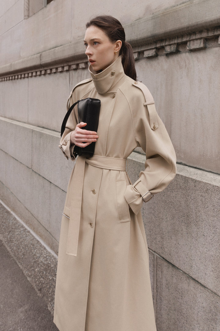 OVERSIZED TRENCH COAT WITH FUNNEL NECK in Beige — alternate angle