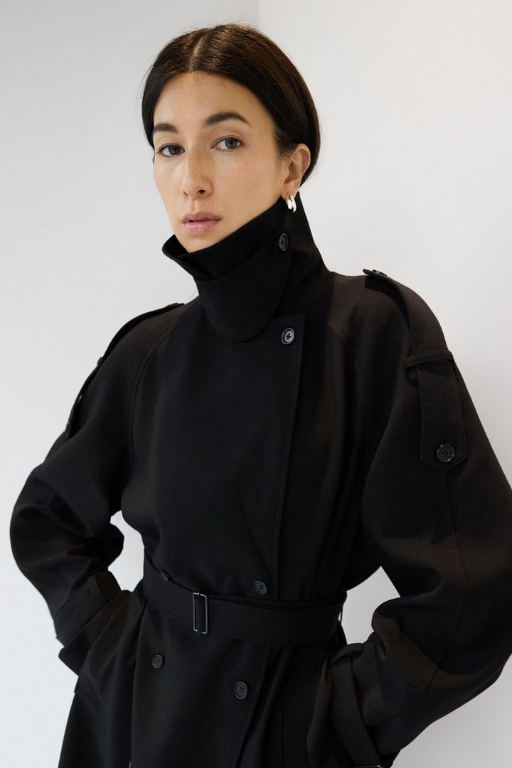 OVERSIZED TRENCH COAT WITH FUNNEL NECK in Black — alternate angle