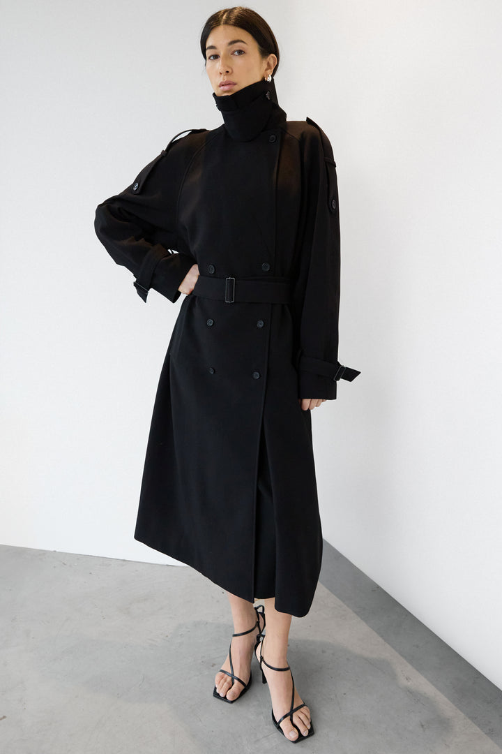 OVERSIZED TRENCH COAT WITH FUNNEL NECK in Black — alternate angle