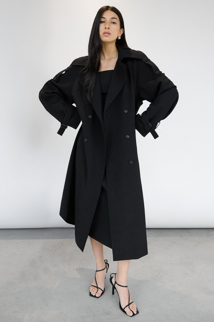 OVERSIZED TRENCH COAT WITH FUNNEL NECK in Black — alternate angle