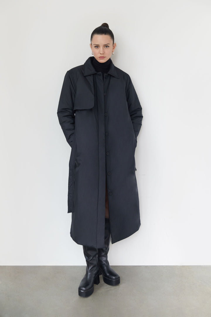 LONG BELTED PUFFER COAT in Black — alternate angle