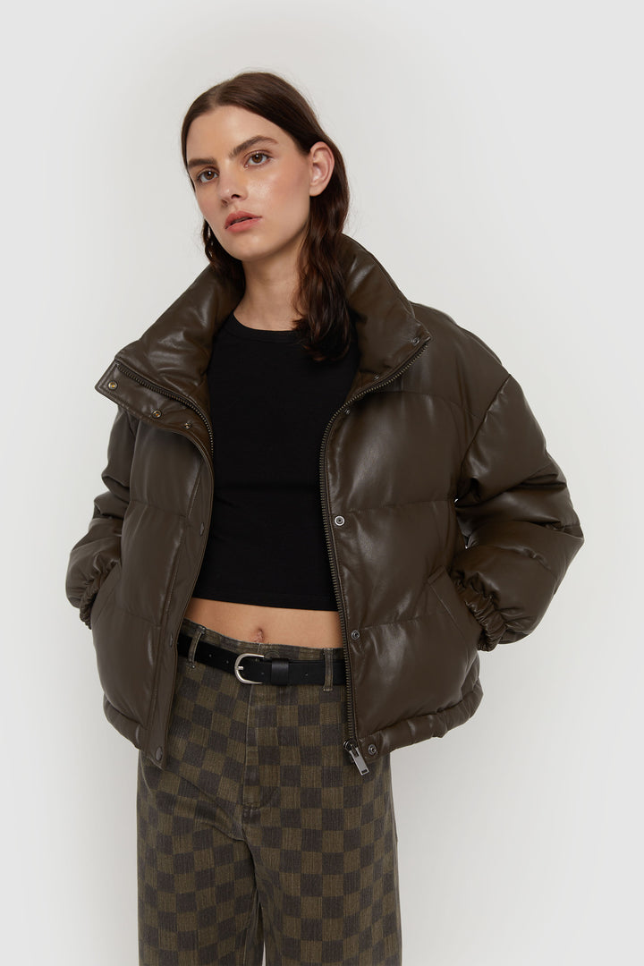 VEGAN LEATHER PUFFER in Turkish Coffee — alternate angle