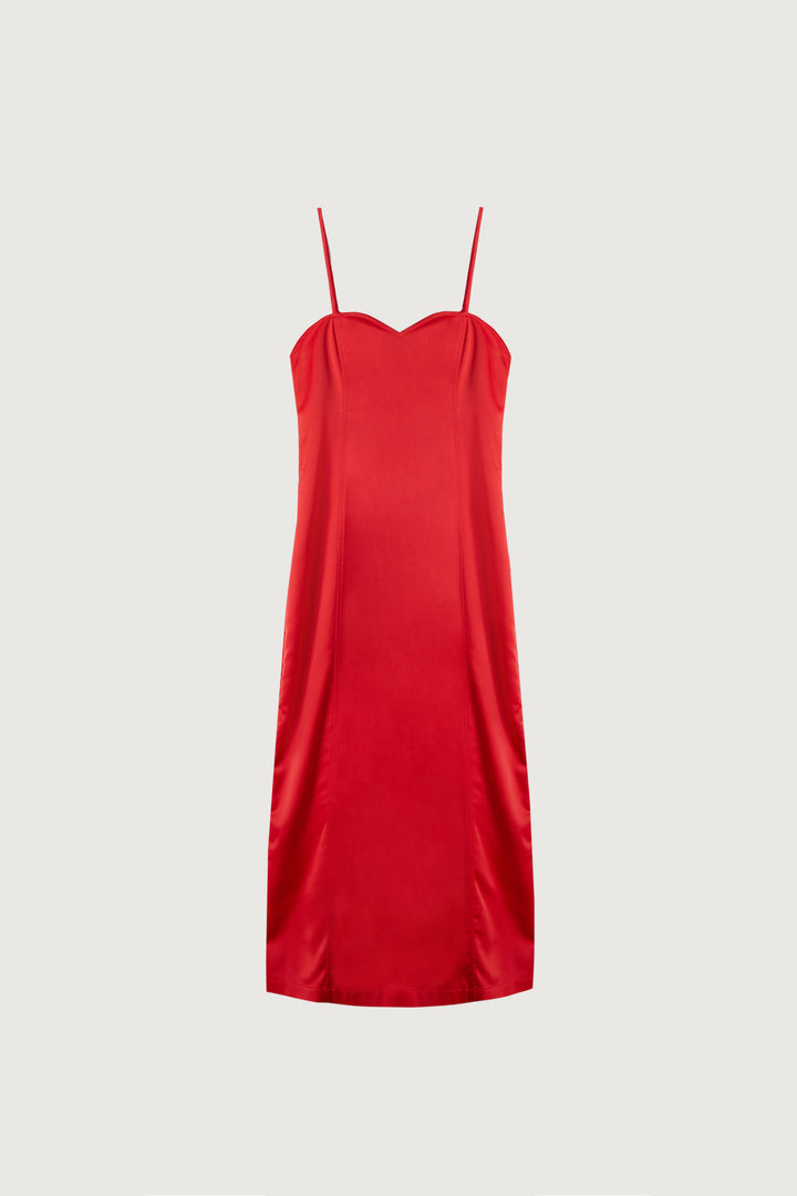 SATIN SWEETHEART MIDI DRESS in Red Alert — alternate angle