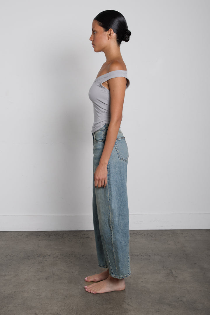 MID-RISE DARTED BARREL LEG JEAN in Green Cast Medium Wash — alternate angle