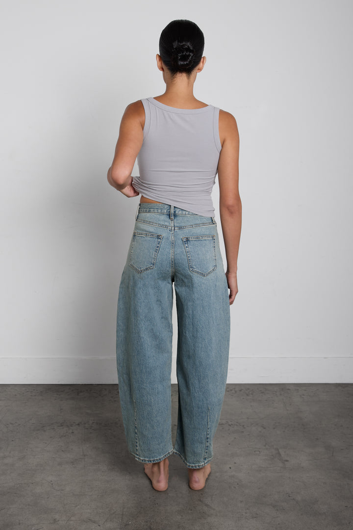 MID-RISE DARTED BARREL LEG JEAN in Green Cast Medium Wash — alternate angle