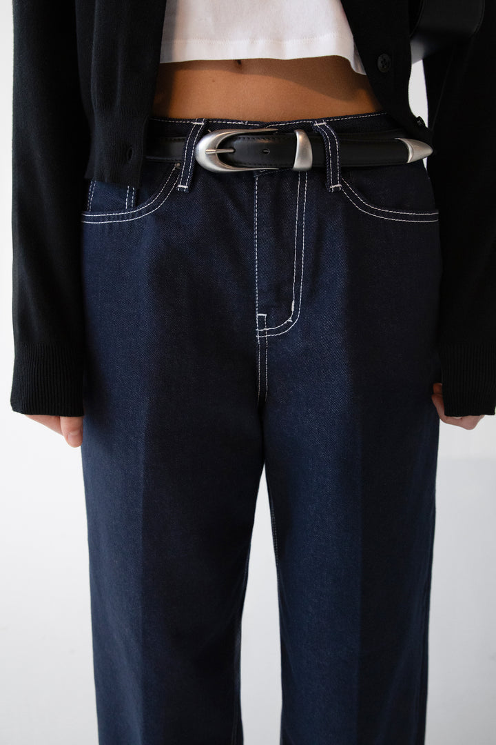 DARK BLUE HIGH-RISE CUFFED JEAN in DARK BLUE — alternate angle