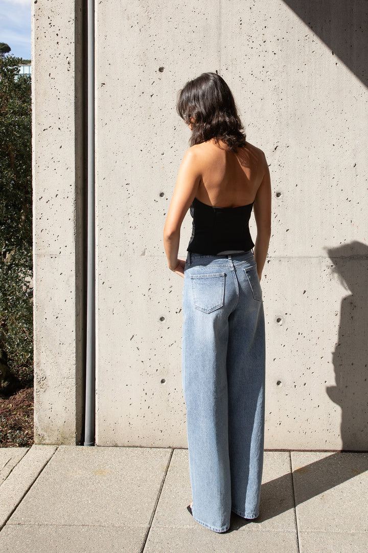 SEAM LINED STRAIGHT LEG JEAN in Medium Blue Wash — alternate angle