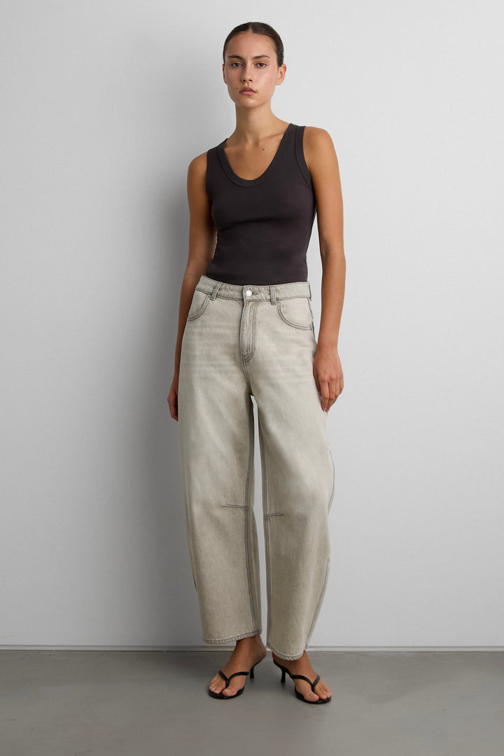 MID-RISE BARREL LEG JEAN IN GREY WASH in LIGHT GREY WASH — alternate angle