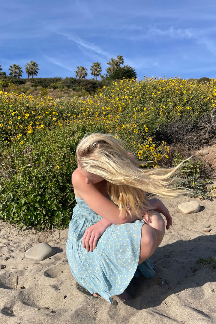 FLORAL TIERED MINI DRESS in Stone Blue Floral — alternate angle