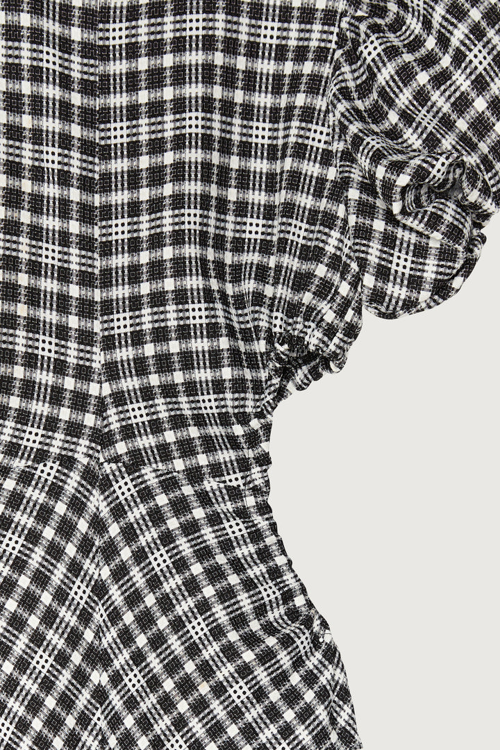 PLAID PUFF SLEEVE DRESS WITH CUTOUTS in Black Plaid — alternate angle