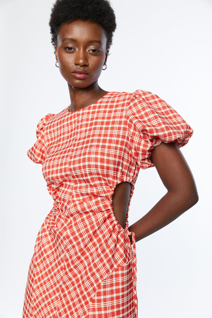 PLAID PUFF SLEEVE DRESS WITH CUTOUTS in Red Plaid — alternate angle