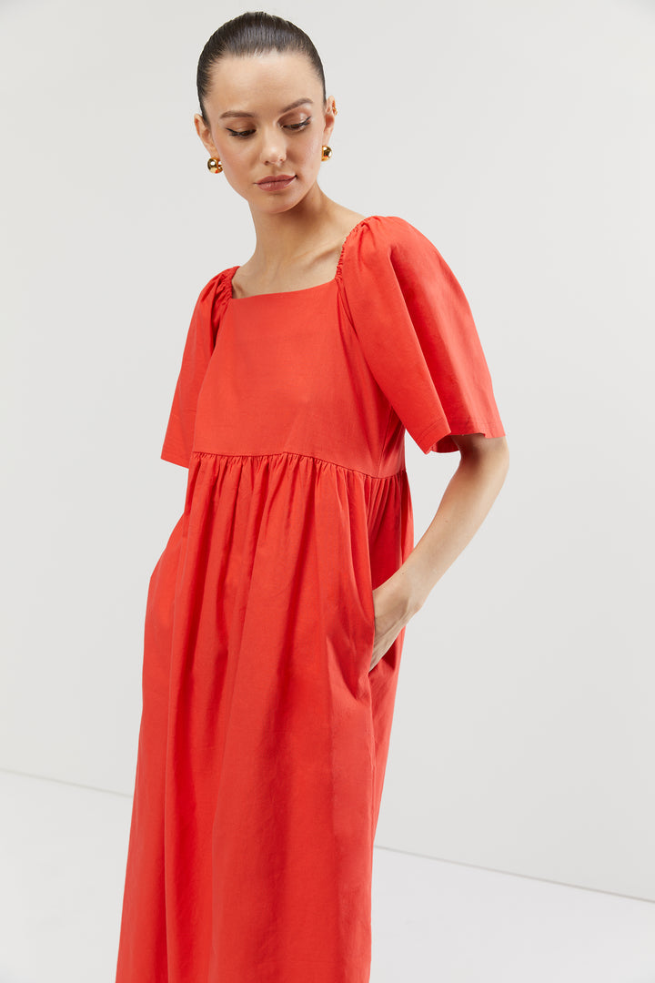 SQUARE NECK PUFF MIDI DRESS in Orange — alternate angle