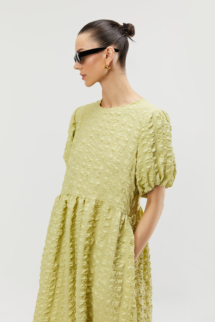 TEXTURED PUFF SLEEVE DRESS in Lentil Sprout — alternate angle