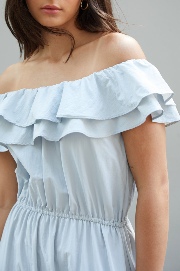OFF SHOULDER RUFFLED DRESS in CLOUD — alternate angle