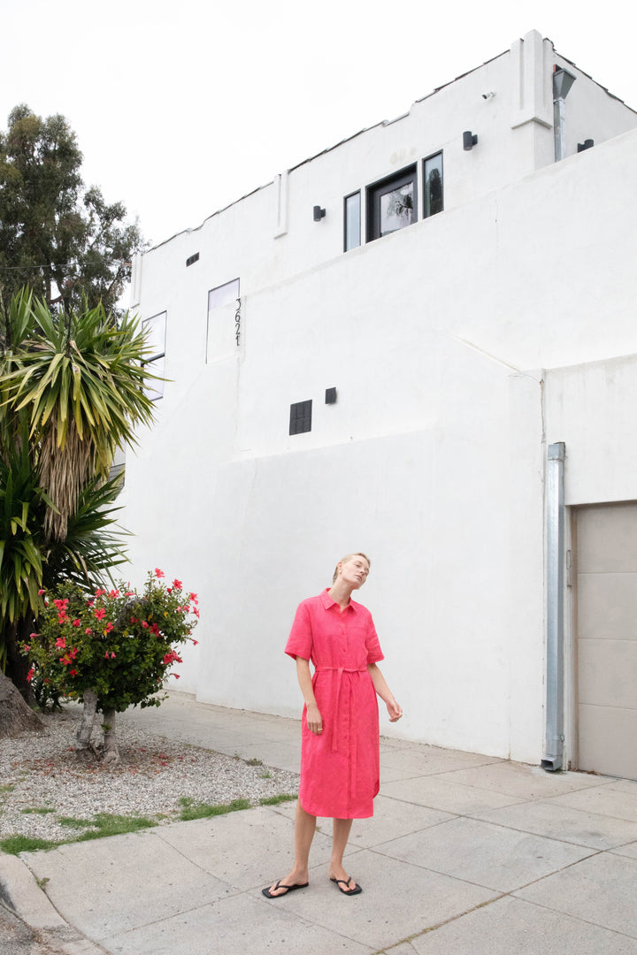 100% LINEN SHIRT DRESS in Hot Pink — alternate angle