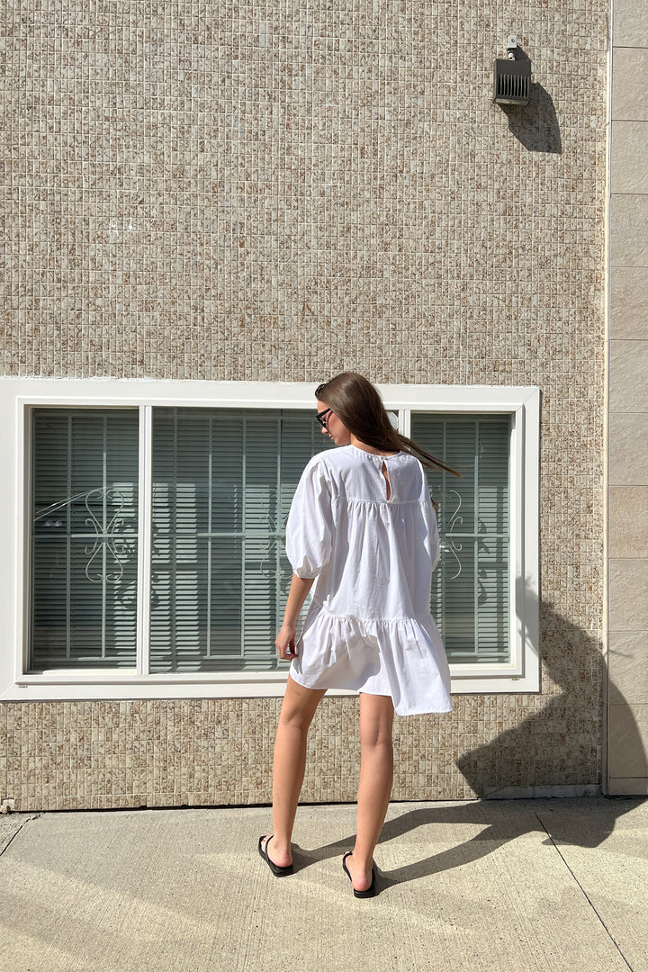 COTTON POPLIN TIERED MINI DRESS in White — alternate angle
