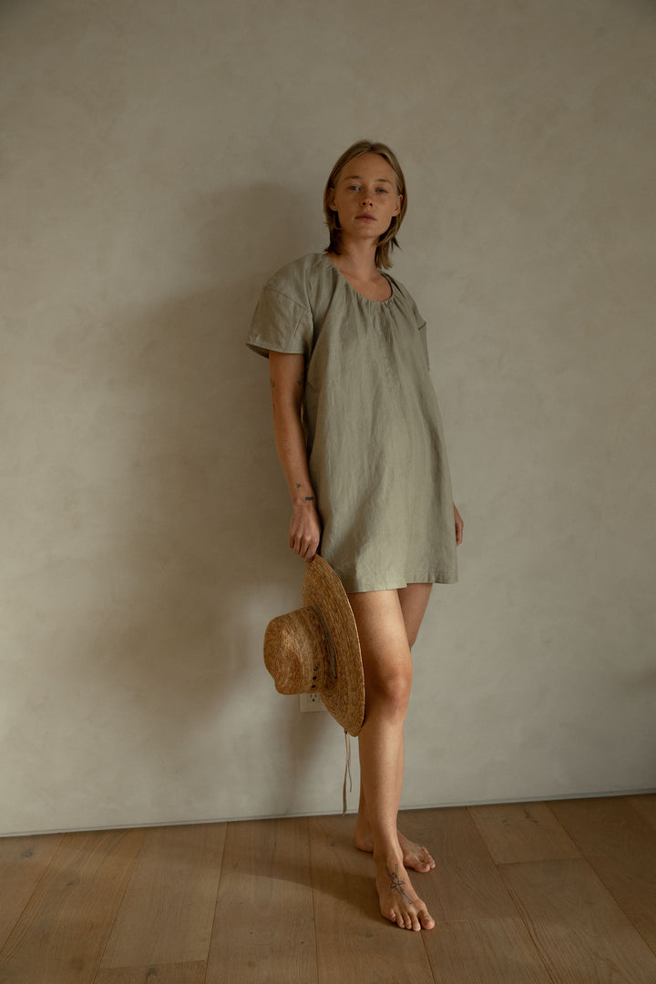 100% LINEN BOXY MINI DRESS in Khaki Twill — alternate angle