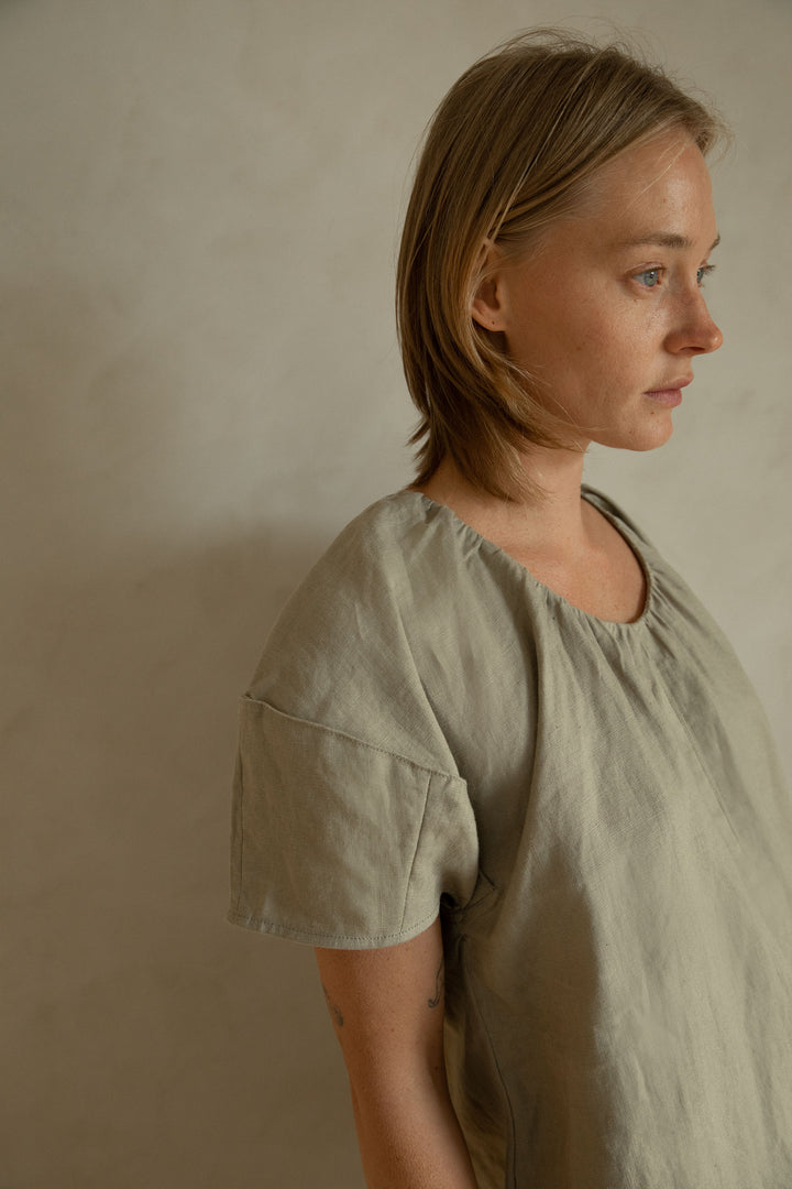 100% LINEN BOXY MINI DRESS in Khaki Twill — alternate angle