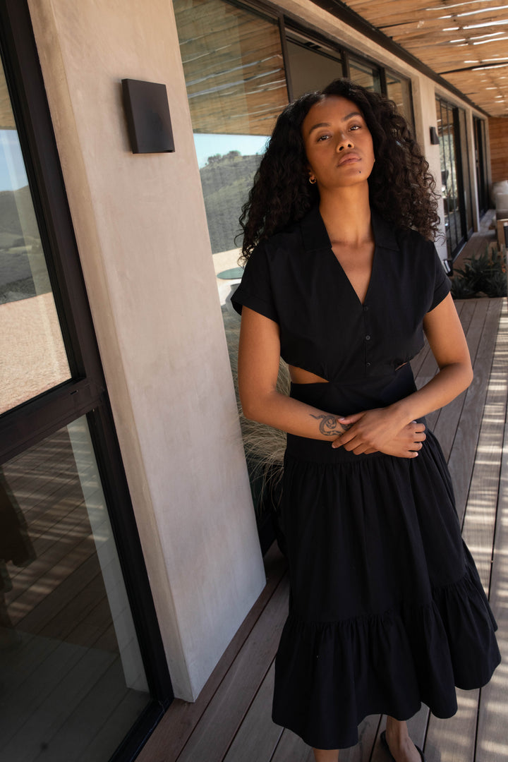 TIERED MIDI DRESS WITH CUTOUTS in Black — alternate angle