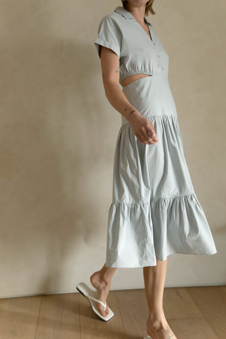 TIERED MIDI DRESS WITH CUTOUTS in Pearl Blue — alternate angle