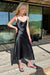 V-neck satin slip midi dress in black — main image