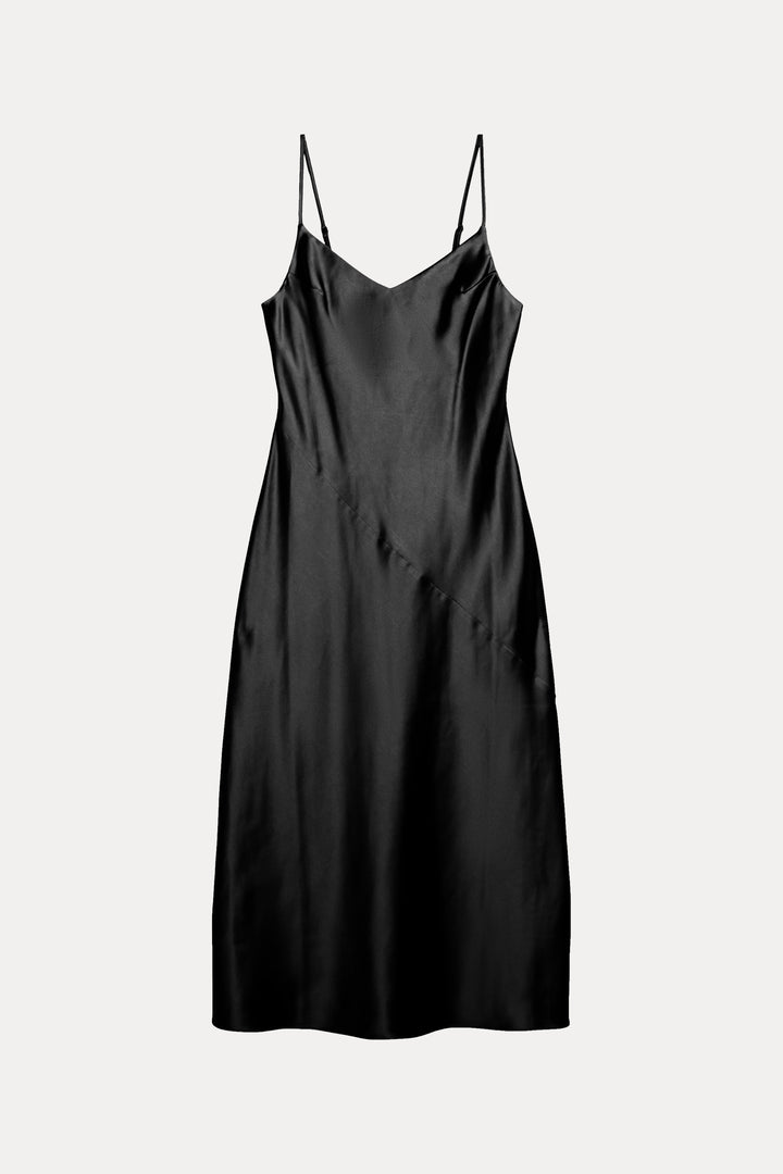 V-NECK SATIN SLIP MIDI DRESS in Black — alternate angle