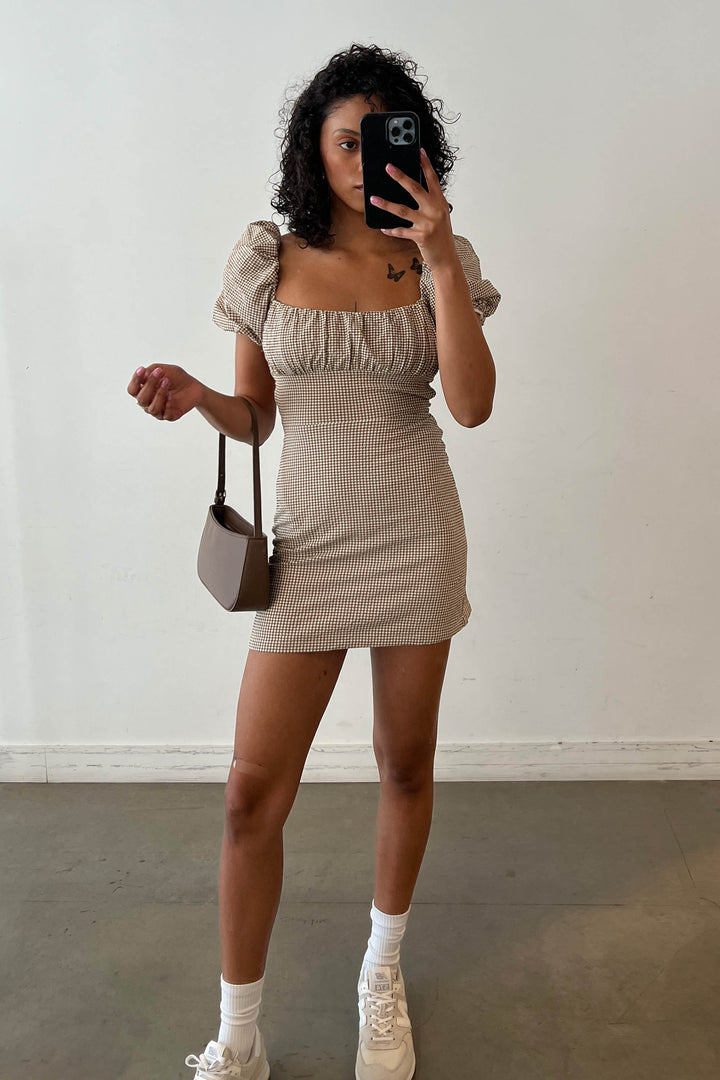GINGHAM PUFF SLEEVE MINI DRESS in Coconut Lead Grey — alternate angle