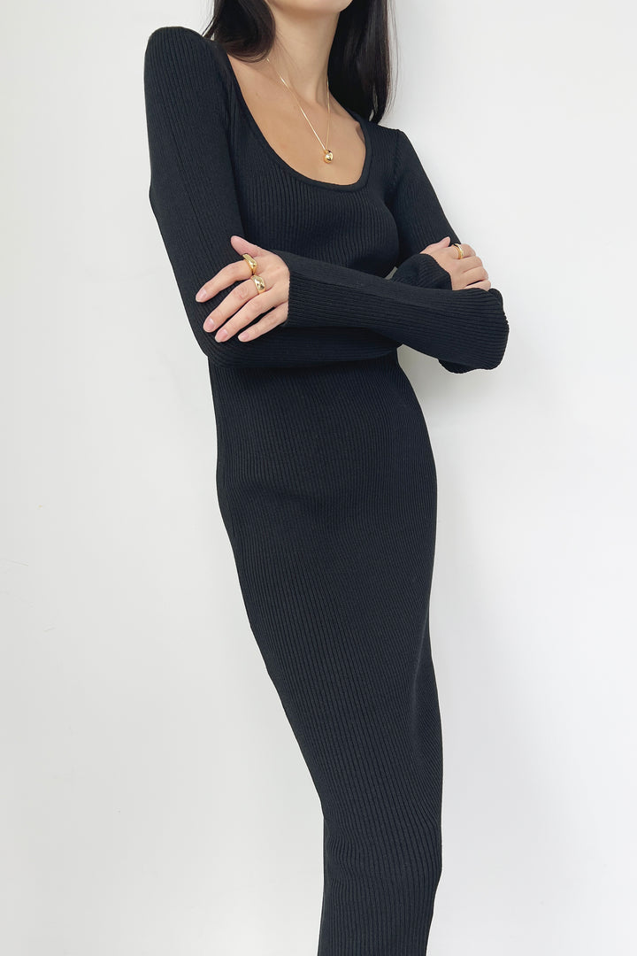 MIDI SCOOP NECK DRESS in Black — alternate angle