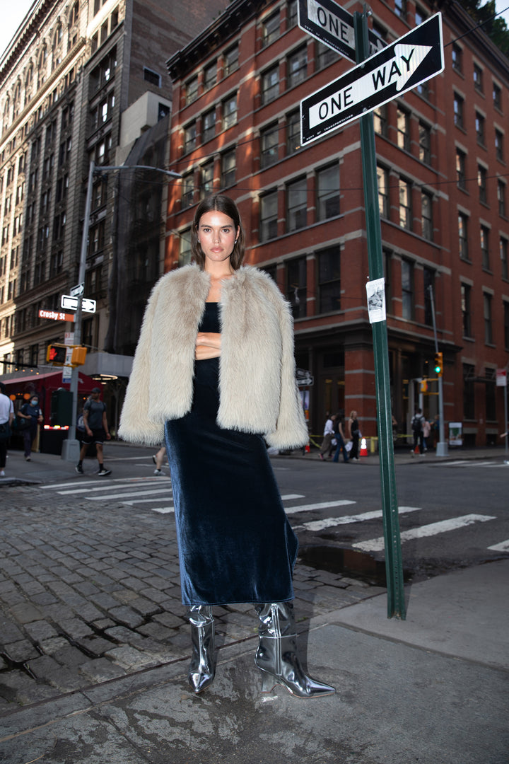 VELVET TUBE MIDI DRESS in Navy Blazer — alternate angle