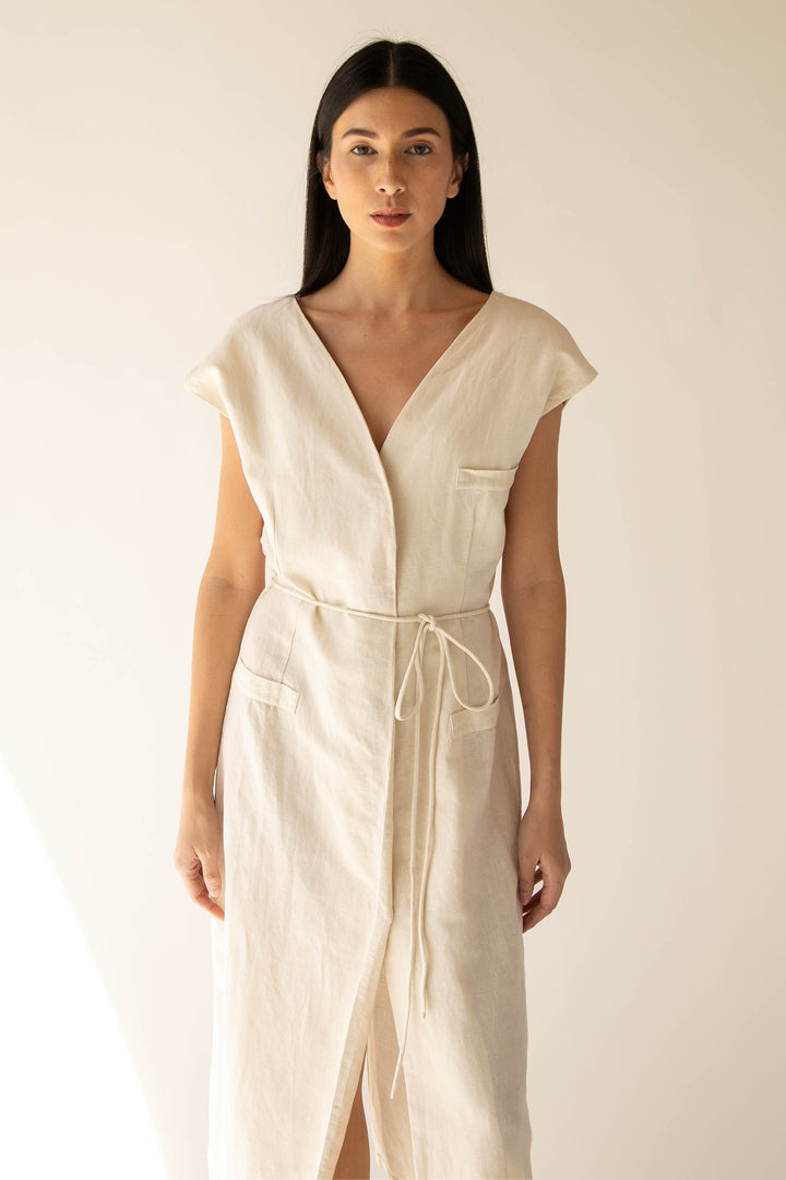 LINEN BLEND BUTTON UP MIDI DRESS in Almond Milk — alternate angle