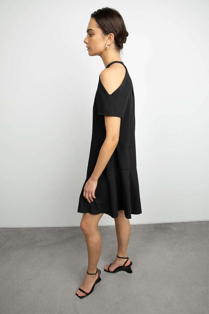 SHORT SLEEVE MOCKNECK MINI DRESS in Black — alternate angle