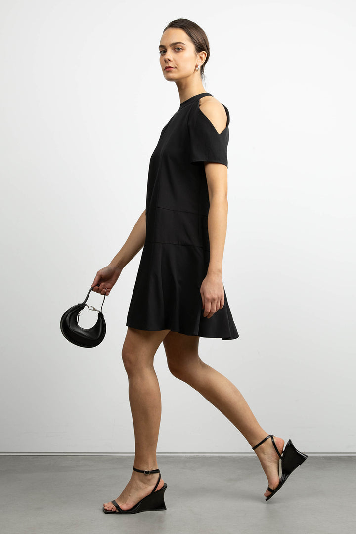SHORT SLEEVE MOCKNECK MINI DRESS in Black — alternate angle