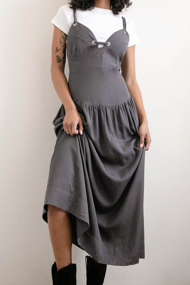 DROP-WAIST DRESS WITH METAL EYELETS in ASPHALT — alternate angle