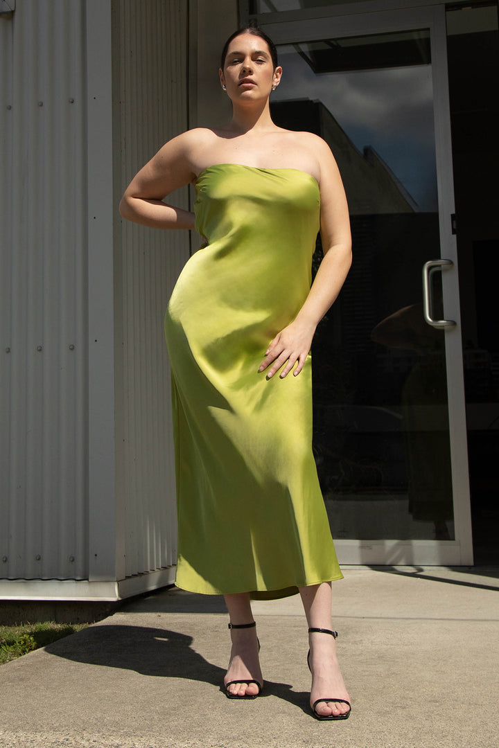STRAPLESS SATIN DRESS in PICKLED PEPPER — alternate angle