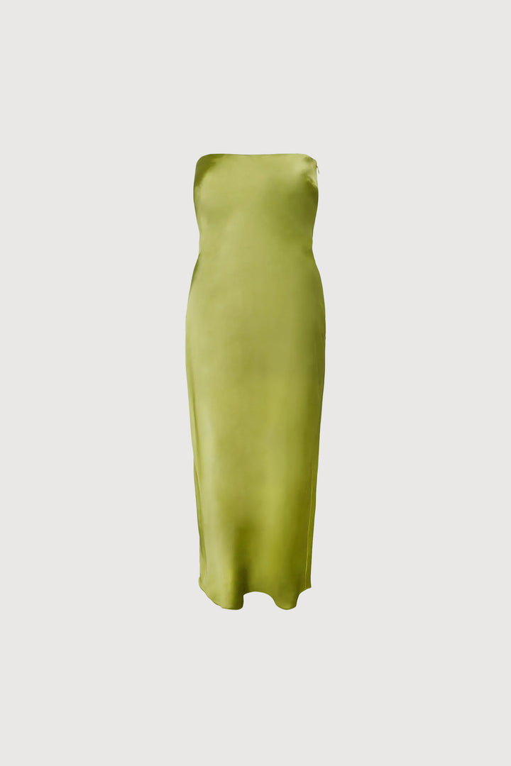 STRAPLESS SATIN DRESS in PICKLED PEPPER — alternate angle