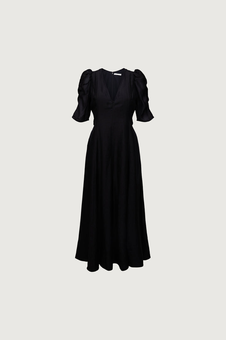 V-NECK PUFF SLEEVE MAXI DRESS