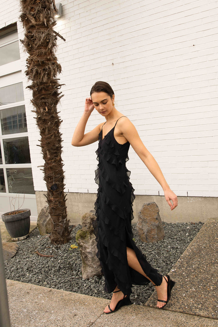 RUFFLED MAXI DRESS in Black — alternate angle