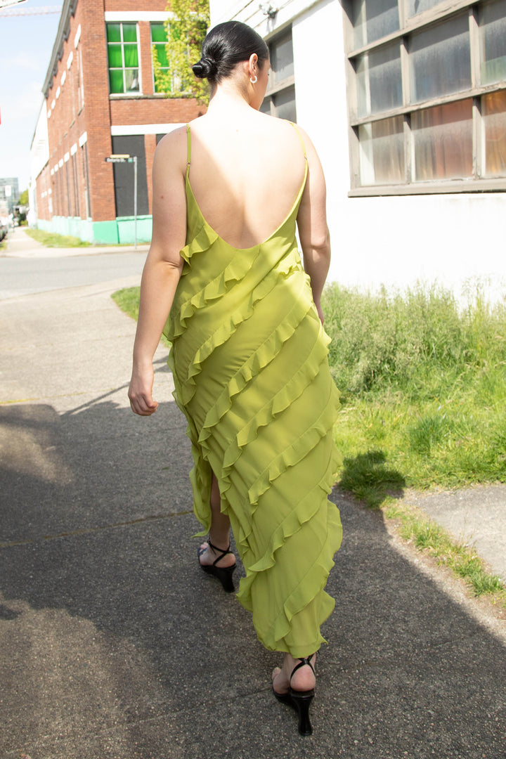 RUFFLED MAXI DRESS in PICKLED PEPPER — alternate angle
