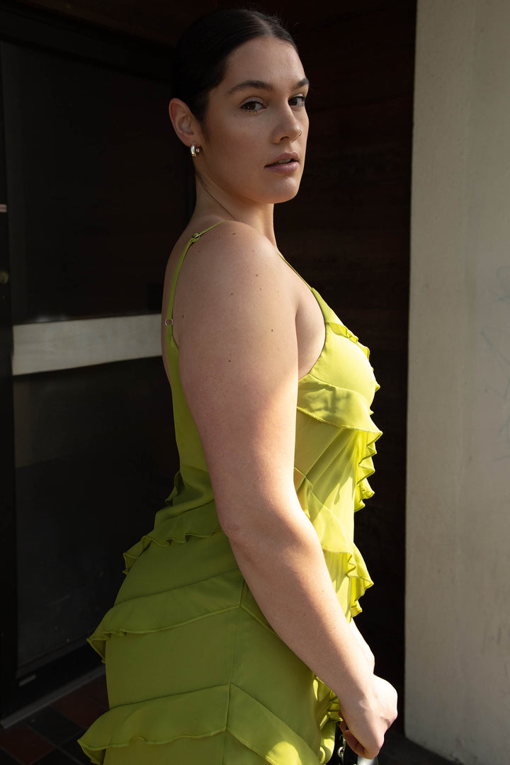 RUFFLED MAXI DRESS in PICKLED PEPPER — alternate angle